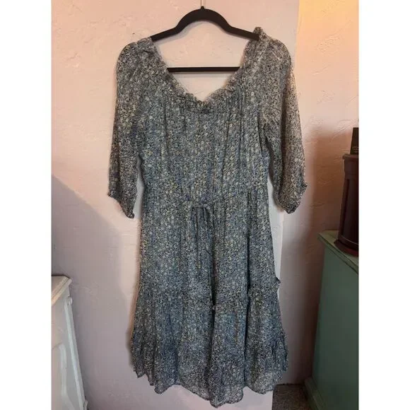 Anthropologie Kira Off-the-Shoulder Peasant Dress Blue Floral 6P - Picture 4 of 10